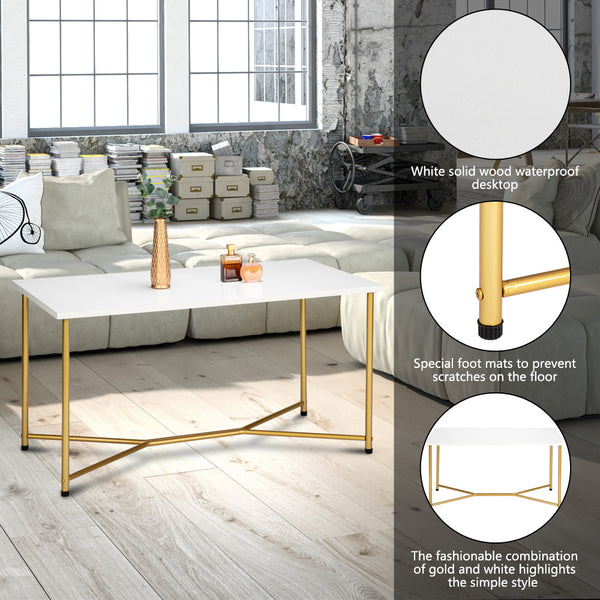 HODELY Single Layer 1.5cm Thick MDF White waterproof Square Tabletop Golden Table Legs Iron Coffee Table White