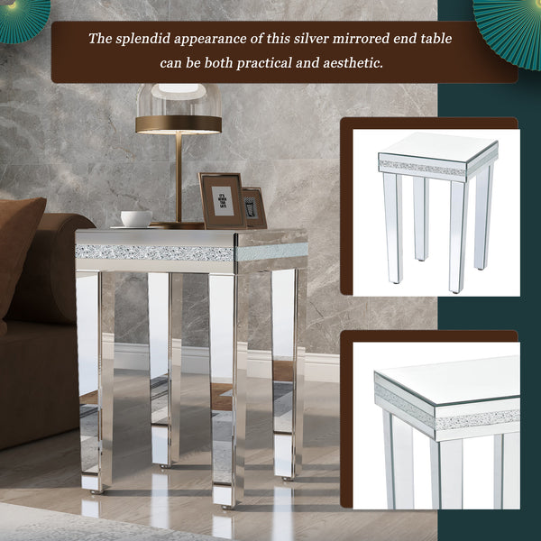 ON-TREND Fashionable Modern Glass Mirrored Side Table, Easy Assembly End Table with Crystal Design and Adjustable Height Legs, Silver