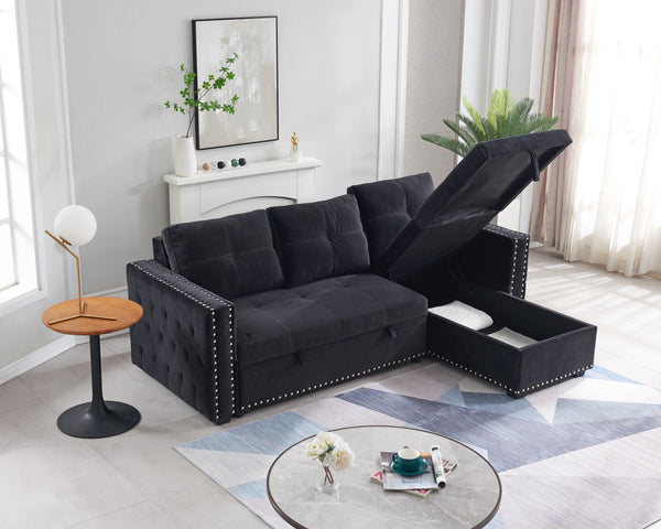 Sectional sofa with pulled out bed; 2 seats sofa and reversible chaise with storage; both hands with copper nail; BLACK; (91&quot; x 64&quot; x 37&quot;)