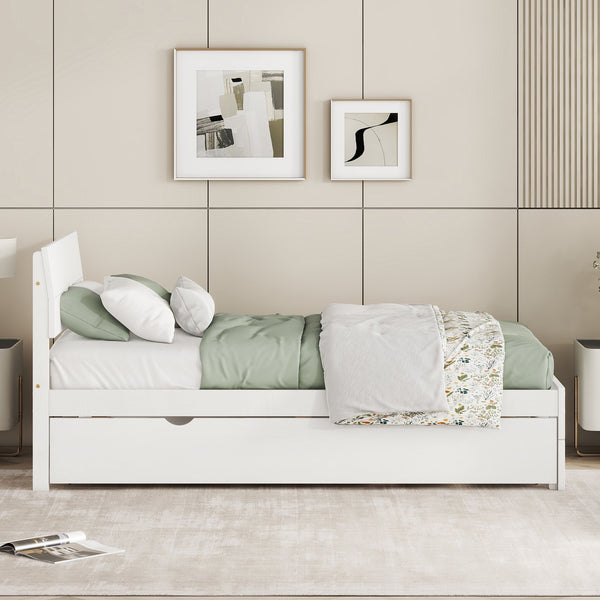 Modern Twin Bed Frame With Twin Trundle For White High Gloss Headboard and Footboard With Washed White Color