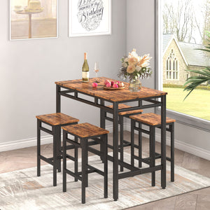 Bar table set 5PC Dinging table set with high stools; structural strengthening; industrial style (Rustic Brown; 43.31''w x 23.62''d x 35.43''h)