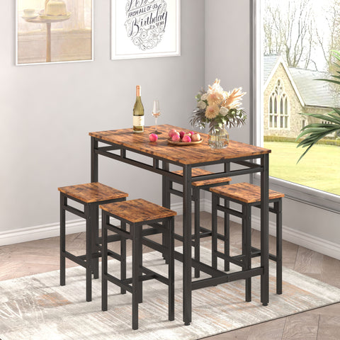 Bar table set 5PC Dinging table set with high stools; structural strengthening; industrial style (Rustic Brown; 43.31''w x 23.62''d x 35.43''h)
