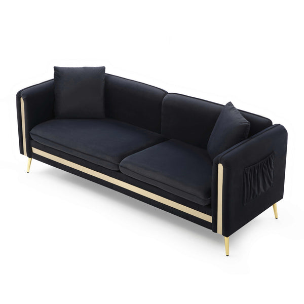 77.2' Modern Upholstered Velvet Sofa 3 Seater Couch with Removable Cushions Side Pocket Mid-Century Tufted Living Room Set Gold Metal Legs,2 Pillows Included