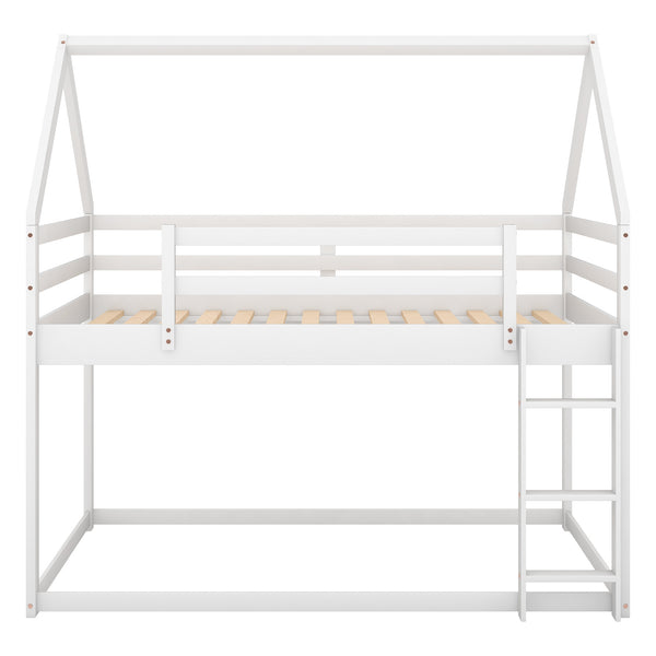 Twin over Twin Low Bunk Bed, House Bed with Ladder , White