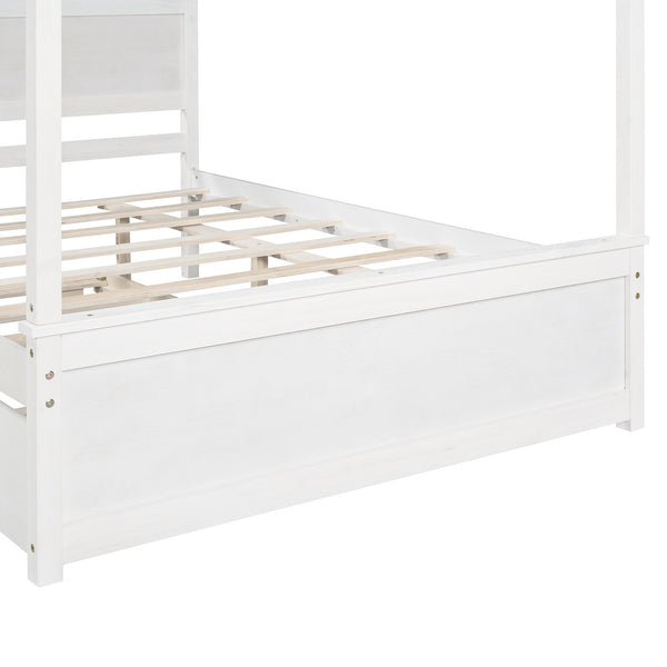 Wood Canopy Bed with Trundle Bed ; Full Size Canopy Platform bed With Support Slats .No Box Spring Needed; Brushed White