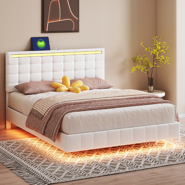 Queen Size Floating Bed Frame with LED Lights and USB Charging,Modern Upholstered Platform LED Bed Frame,White