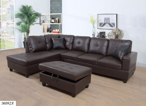 3 PC Sectional Sofa Set; (Brown) Faux Leather Right -Facing Chaise with Free Storage Ottoman