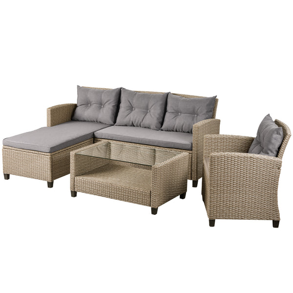 Outdoor, Patio Furniture Sets, 4 Piece Conversation Set Wicker Ratten Sectional Sofa with Seat Cushions(Beige Brown)