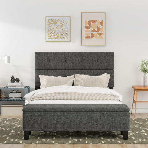 Upholstered Queen Size Platform Bed with Storage Case Gray