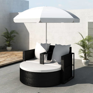 Garden Bed with Parasol Black Poly Rattan