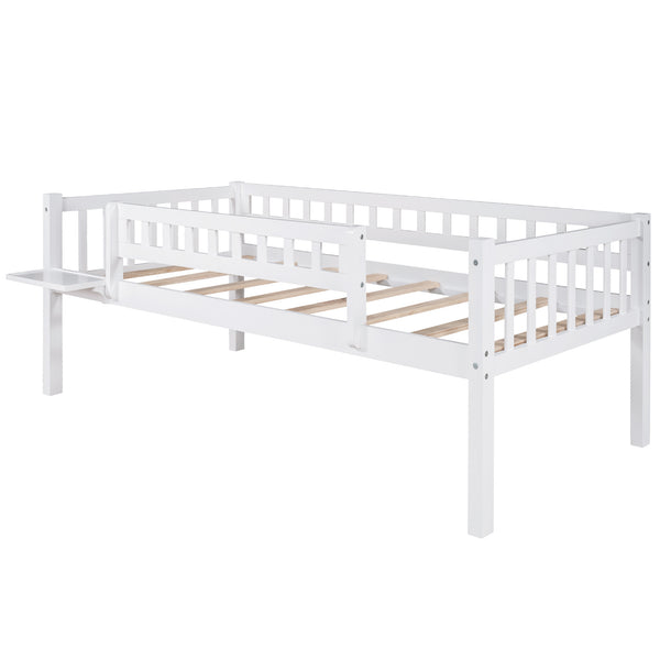 Twin-Over-Twin-Over-Twin Triple Bed with Built-in Ladder and Slide ; Triple Bunk Bed with Guardrails; White