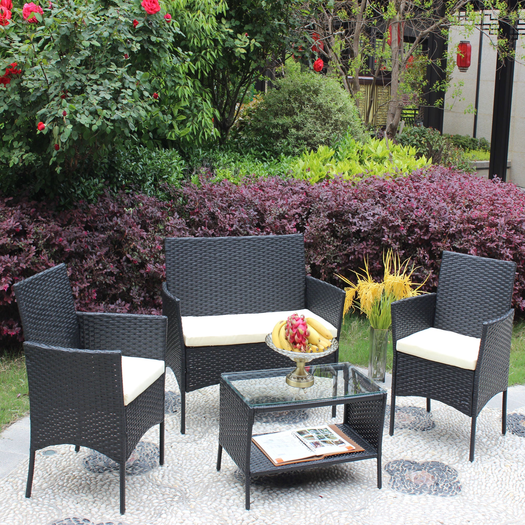 4 PC Rattan Patio Furniture Set Outdoor Patio Cushioned Seat Wicker Sofa