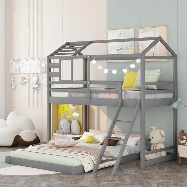 Twin over Full House Bunk Bed with Ladder and Window,Full-Length Guardrail