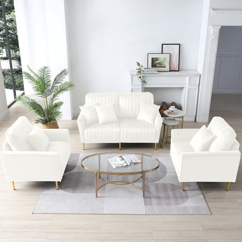 Living Room Sofa Set of 3; Loveseat Sofa Couch and Comfy Accent Arm Chair w/Pillows; Metal Legs; Upholstered Modern Furniture for Bedroom; Office; Small Space; Apartment Cream White