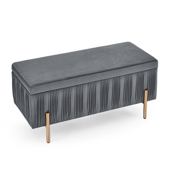 Elegant Upholstered Velvet Storage Bench with Cedar Wood Veneer, Large Storage Ottoman with Electroplate Iron Legs for Hallway Living Room Bedroom, Grey