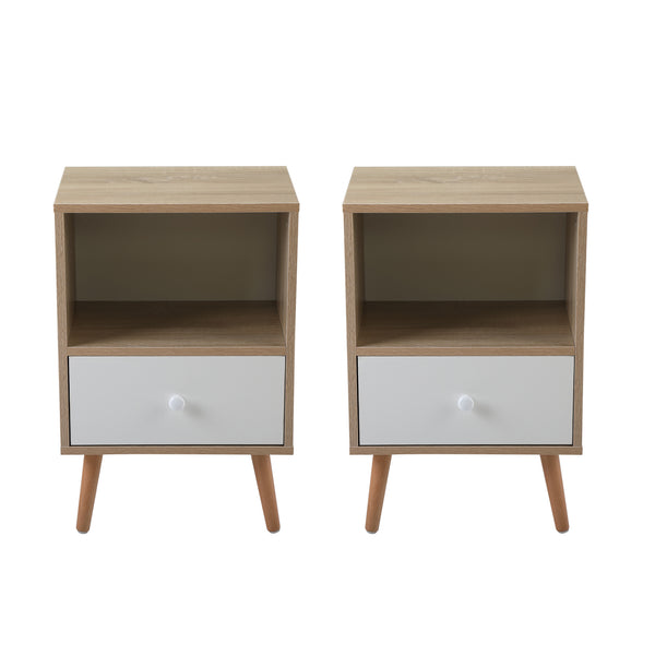 Set of 2 Mid-Century Wood Nightstand, Bed Sofa Side Table with Drawer and Shelf, Modern End Table for Living Room Bedroom Office XH