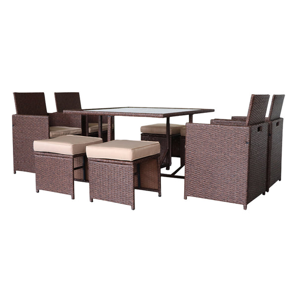 9 Pieces Wood Grain PE Wicker Rattan Dining Ottoman with Tempered Glass Table Patio Furniture Set  YJ