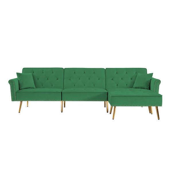 Modern Velvet Upholstered Reversible Sectional Sofa Bed , L-Shaped Couch with Movable Ottoman and Nailhead Trim For Living Room. (Green)