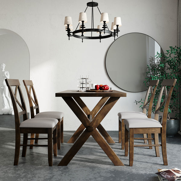 5 Pieces Farmhouse Rustic Wood Kitchen Dining Table Set with Upholstered 4 X-back Chairs