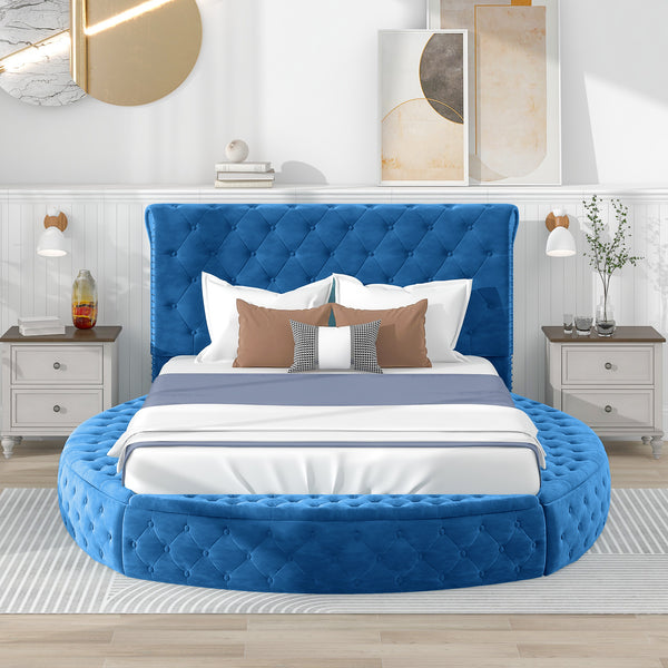 Queen Size Round Shape Upholstery Low Profile Storage Platform Bed with Storage Space on both Sides and Footboard