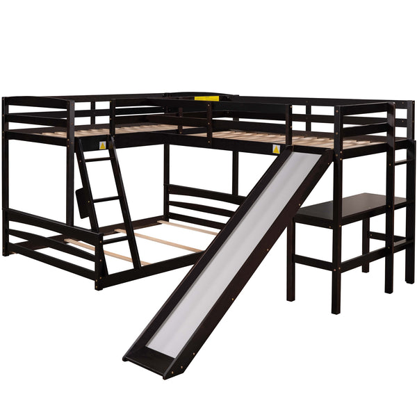 Twin over Full Bunk Bed with Twin Size Loft Bed with Desk and Slide,Full-Length Guardrail