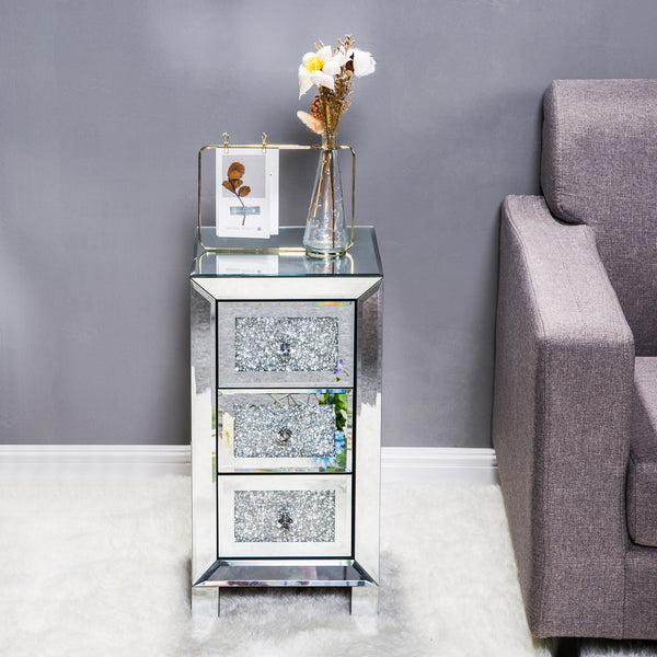 Modern and Contemporary Mirror Surface With Diamond 3-Drawers Nightstand Bedside Table