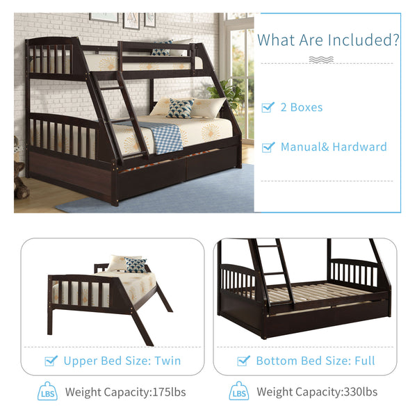 Solid Wood Twin Over Full Bunk Bed with Two Storage Drawers