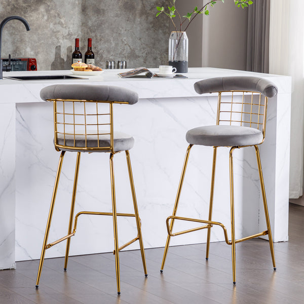 Bar Stool Set of 2, Luxury Velvet High Bar Stool with Metal Legs and Soft Back, Pub Stool Chairs Armless Modern Kitchen High Dining Chairs with Metal Legs