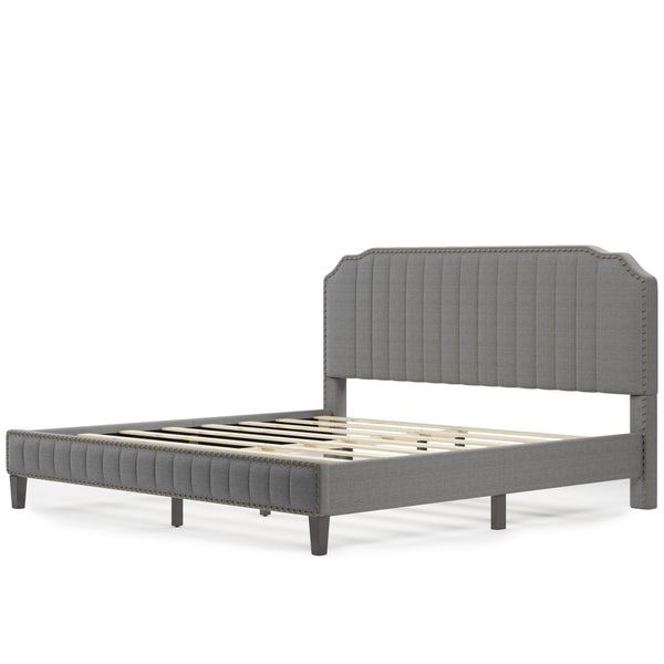 Modern Linen Curved Upholstered Platform Bed ;  Solid Wood Frame ;  Nailhead Trim (King)