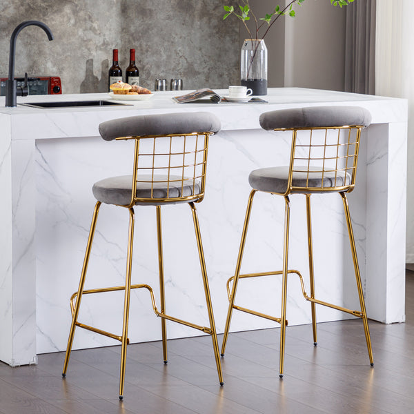 Bar Stool Set of 2, Luxury Velvet High Bar Stool with Metal Legs and Soft Back, Pub Stool Chairs Armless Modern Kitchen High Dining Chairs with Metal Legs