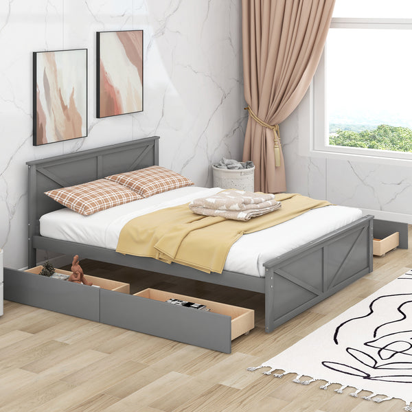 Queen Size Wooden Platform Bed with Four Storage Drawers and Support Legs