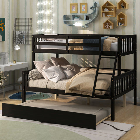 Twin Over Full Bunk Bed with Trundle; Convertible into 2 Beds; the Bunk Bed with Ladder and Safety Rails for Kids; Teens; Adults; Espresso