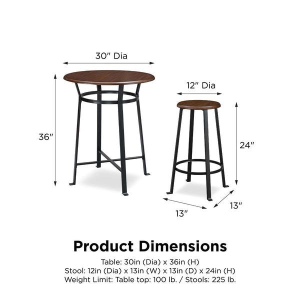 Round 3-Piece Metal Pub Set with Wooden Top, Dark Mahogany