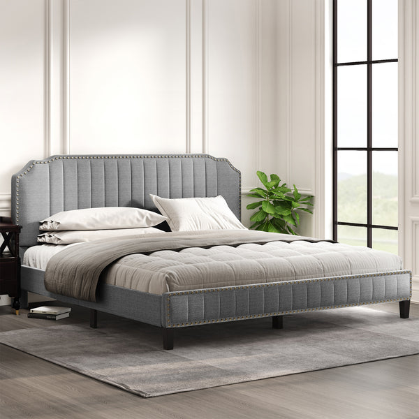 Modern Linen Curved Upholstered Platform Bed ;  Solid Wood Frame ;  Nailhead Trim (King)