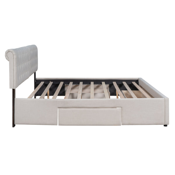 King Size Upholstery Platform Bed with Four Drawers; Beige