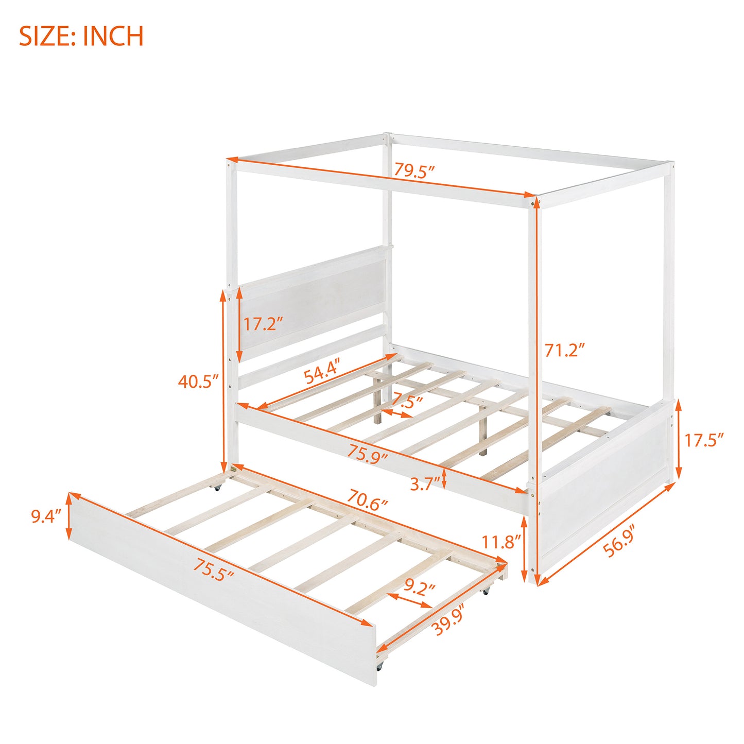 Wood Canopy Bed with Trundle Bed ; Full Size Canopy Platform bed With Support Slats .No Box Spring Needed; Brushed White