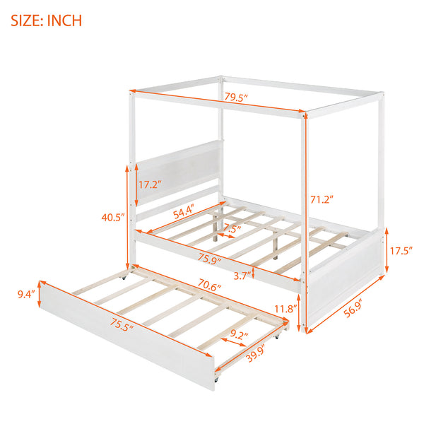 Wood Canopy Bed with Trundle Bed ; Full Size Canopy Platform bed With Support Slats .No Box Spring Needed; Brushed White