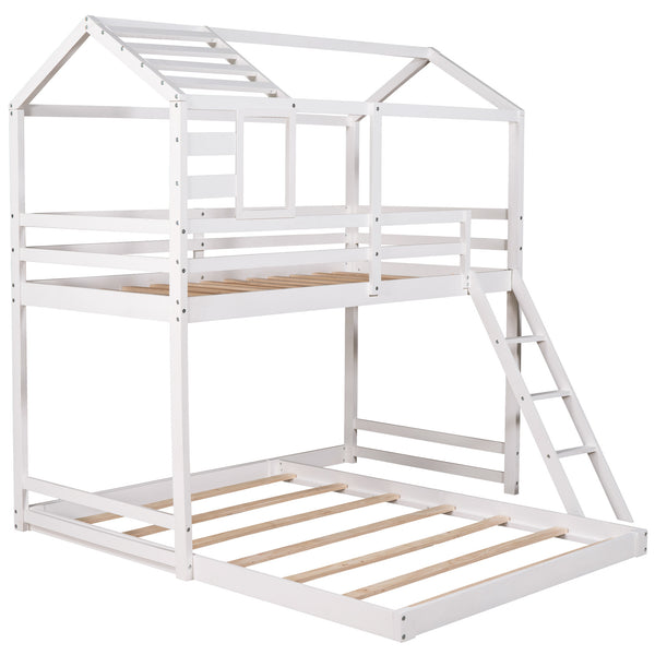 Twin over Full House Bunk Bed with Ladder and Window,Full-Length Guardrail