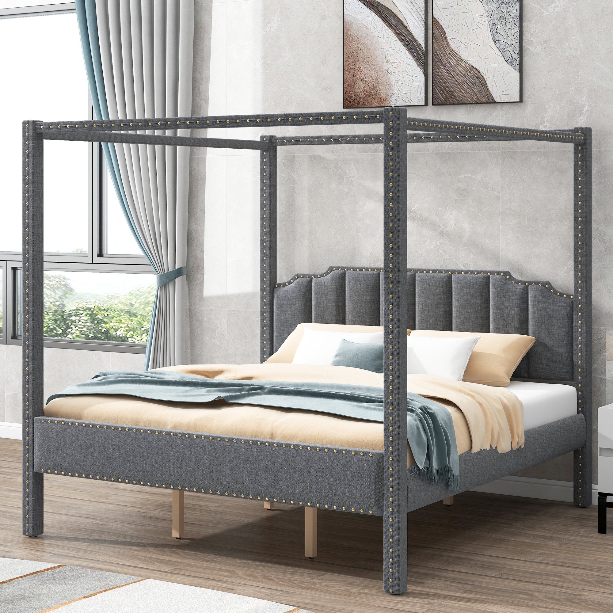 King Size Upholstery Canopy Platform Bed with Headboard; Support Legs; Gray