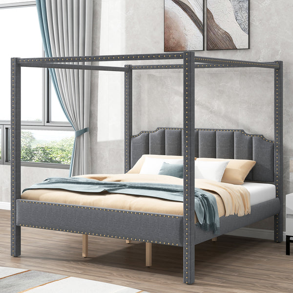 King Size Upholstery Canopy Platform Bed with Headboard; Support Legs; Gray