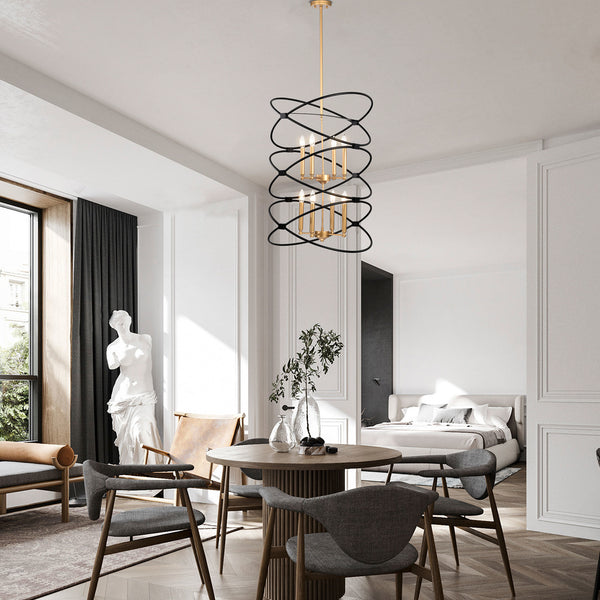 Transitional Gold/Matte Black Metal Chandelier Fixture; 8 lights ; 2-Tier-Candle Ceiling Light for Living Room; Bedroom; Dining Room; Dimmable; E12; W23.6*H55