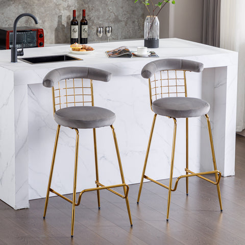 Bar Stool Set of 2, Luxury Velvet High Bar Stool with Metal Legs and Soft Back, Pub Stool Chairs Armless Modern Kitchen High Dining Chairs with Metal Legs