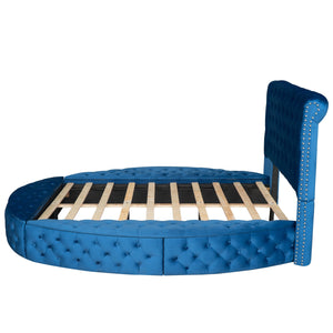 Full Size Round Shape Upholstery Low Profile Storage Platform Bed with Storage Space on both Sides and Footboard; Blue