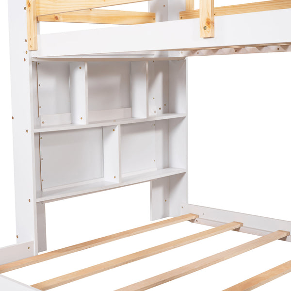 Twin Over Full Bunk Bed with Desk Storage Shelves.Reinforced Structure Bunk Beds Solid Wood Bed Frame for Kids Teens