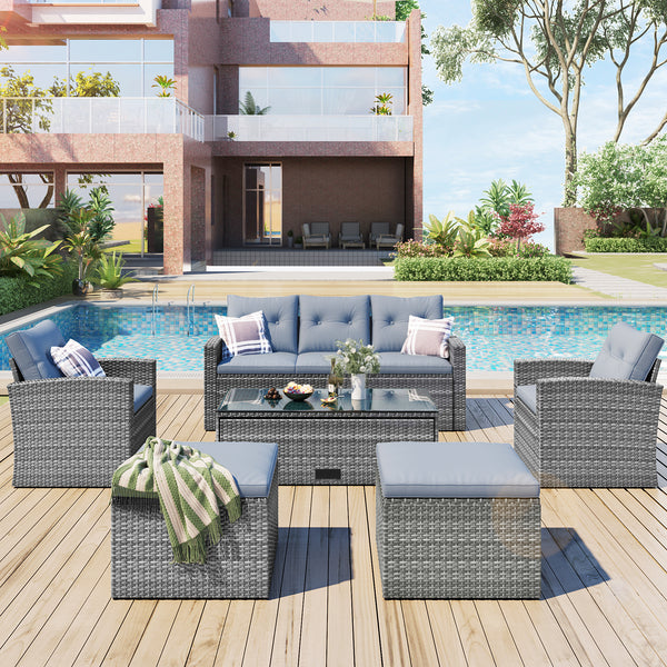 6-piece All-Weather Wicker PE rattan Patio Outdoor Dining Conversation Sectional Set with coffee table, wicker sofas, ottomans, removable cushions