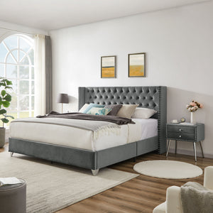 B100S King bed with one nightstand; Button designed Headboard; strong wooden slats + metal legs with Electroplate