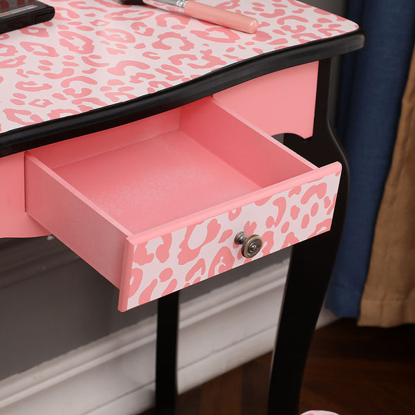 FCH Three-Fold Mirror Single Drawer Arc Feet Children Dresser Pink Leopard Print, This is A Very Fashion, Modern and Simple Dressing Table RT