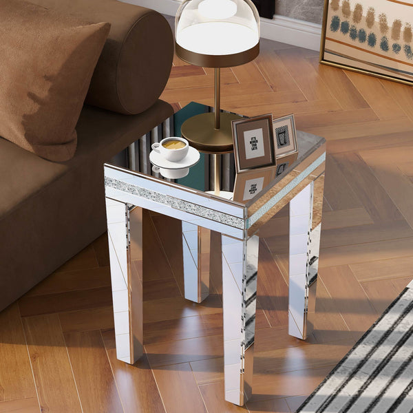 ON-TREND Fashionable Modern Glass Mirrored Side Table, Easy Assembly End Table with Crystal Design and Adjustable Height Legs, Silver