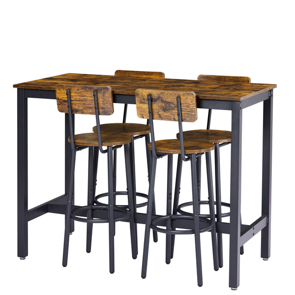 Bar Table Set with 4 Bar stools with backrest (Rustic Brown; 47.24''w x 23.62''d x 35.43''h)