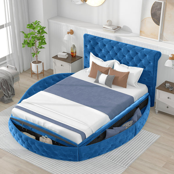 Queen Size Round Shape Upholstery Low Profile Storage Platform Bed with Storage Space on both Sides and Footboard